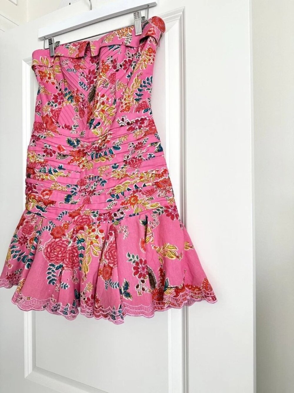 HEMANT & NANDITA Fiora Pink Floral Strapless Linen Blend Mini Dress Size M - Picture 3 of 9
